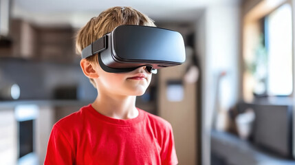 Child wearing virtual reality headset exploring immersive learning environment with wonder