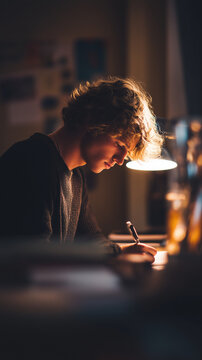 Hardworking male college student studying and writing down notes at his desk, concept of higher education