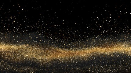 A mesmerizing visual of sparkling golden particles scattered against a deep black background, creating an ethereal and dynamic effect