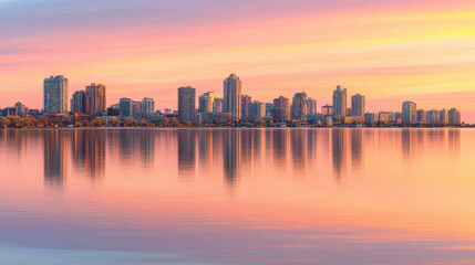 Obraz premium City skyline reflected in calm bay at dawn with pastel colors and serene mood