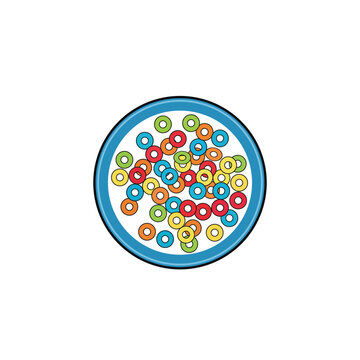 Colorful breakfast cereal loops in blue bowl vector illustration icon top view in flat cartoon style isolated