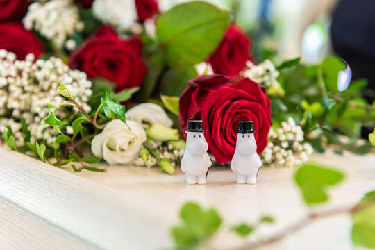 Gothenburg, Sweden - February 05 2021: Two Moomin figures at a funeral.
