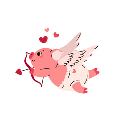 Cute pink pig with wings, heart, bow and arrow. Valentine's Day. Romantic holiday. February 14. Love. Cartoon character. Vector illustration isolated on white background.