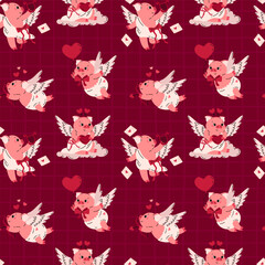 Cute pink pigs with wings. Valentine's Day. Seamless pattern. Romantic holiday. February 14. Love. Heart, balloon, lira, bow and arrow. Cartoon characters. Vector illustration.