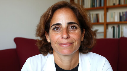 Confident female physician portrait smiling in office with bookshelf