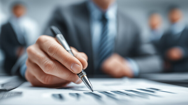 Signing Off on a Project Plan: Management Meeting. Close-up of a hand with a pen signing documents during a project management meeting; professional, action-oriented scene.
