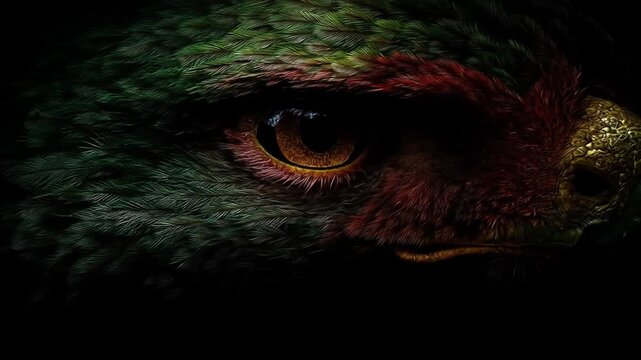 Close up of a colorful parrot head against a dark background