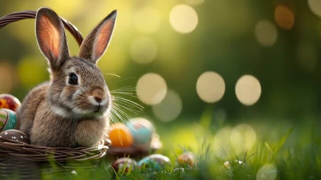 Bunny in basket with colorful eggs soft focus background springtime scene