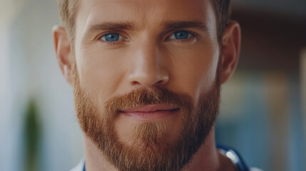 Bearded male doctor portrait with blue eyes conveying calm confidence