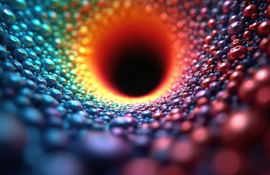 Vivid rainbow colored circles form abstract tunnel. Small spheres transition from blue to red shades leading to dark center. Digital art forms optical illusion. - Powered by Adobe
