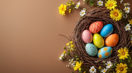 A beautiful presentation of decorated Easter eggs nestled within a floral arrangement, symbolizing the joy of Easter and the vibrant spirit of spring with colors and patterns.