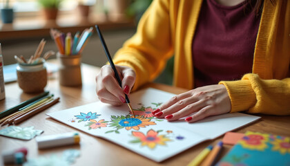 Fototapeta premium Woman paints colorful flowers on paper. She uses brush and paints at wooden table. Art supplies surround her creative workspace. Indoor hobby scene.