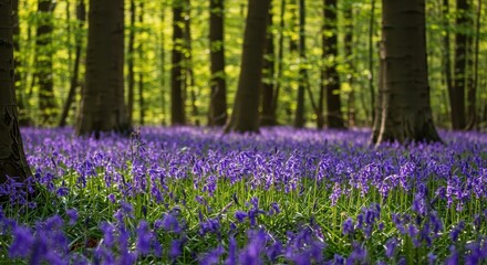 Naklejka premium A carpet of vibrant purple-blue bluebells covers the forest floor, bathed in soft dappled sunlight filtering through the canopy above ,petals ,flora ,dappled