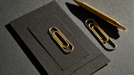 Gold Paperclip and Pen on Black Stationery with Dramatic Shadows. AI generative