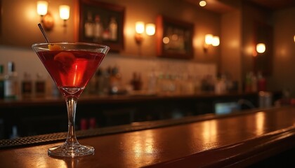 Red martini cocktail served on a polished wooden bar in an upscale New York establishment with soft ambient lighting and bottles displayed on shelves in background.