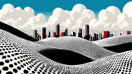 Futuristic City Skyline Over Halftone Dotted Waves and Clouds. AI generative