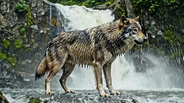 Majestic wolf splashes through powerful waterfall creating dynamic water spray and motion in wild