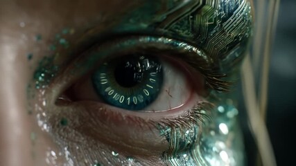 Close up of human eye with digital binary code and circuit board texture - Powered by Adobe