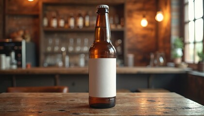 Brown glass beer bottle with blank label sits on wooden table in dimly lit pub interior. Bar counter with shelves and bottles in background. Cozy, rustic atmosphere.