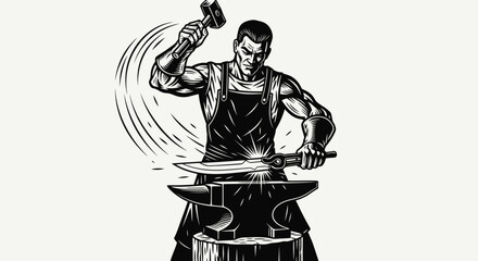 Blacksmith working on a knife with a hammer on an anvil.