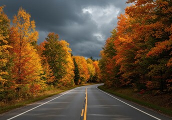 Fototapeta premium An empty asphalt road snakes through dense forest bursting with brilliant autumn colors beneath a dramatic gray overcast sky ,scenic ,weather ,curved