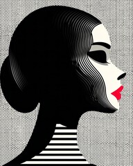 Stylized Woman Profile Illustration with Red Lips and Black Hair Bun on Patterned Background. AI generative