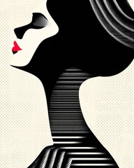 Stylized Woman Profile Portrait in Black and White with Red Lips and Halftone Texture. AI generative