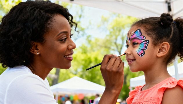 An African American woman face painting a colorful butterfly on a young girl's cheek. Artist applying makeup at an outdoor summer festival. Fun childhood activity and entertainment concept