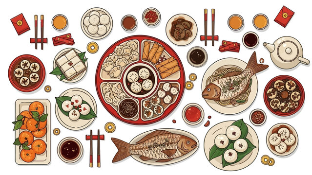Traditional Chinese Feast with Dumplings and Fish on Festive Table