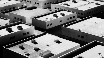 Aerial View of Industrial Warehouse Rooftops with HVAC Units in Monochrome Grid Pattern. AI generative