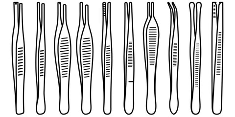 Surgical forceps and medical clamps. Sterile steel tools for surgery. Vector outline icons set.
