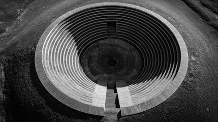Aerial View of Circular Concrete Amphitheater with Concentric Steps in Monochrome Landscape. AI generative