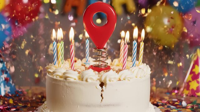 Birthday Cake Exploding With Confetti Reveals Location Marker