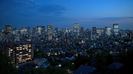 Obraz premium Night city skyline illuminated by renewable powered lights, serene twilight atmosphere