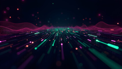 Futuristic Abstract Digital Data Stream Background with Glowing Green and Pink Light Trails Moving Forward