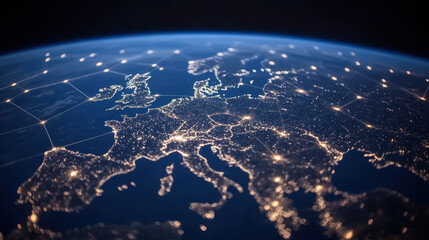 Nighttime aerial view of Europe illuminated by renewable powered light grid, serene energy