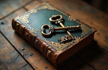 Ancient ornate book rests on wooden surface with two brass keys placed on top. Aged volume features dark cover, gold embellishments. Keys symbolize unlocking knowledge, secrets, historical discovery,
