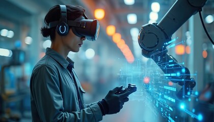 Man uses VR headset and controller to operate robot arm. Futuristic factory environment. Digital interface shows data and schematics. Advanced manufacturing, engineer in virtual workspace.