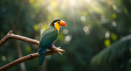 Fototapeta premium Vibrant toucan perched on wooden branch in lush rainforest setting. Exotic tropical bird with colorful feathers and striking orange beak. Wildlife habitat and biodiversity conservation concept in