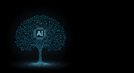 Digital tree formed by glowing circuit boards with AI symbol at center. Representation of artificial intelligence evolution and neural network structure. Technology growth and digital innovation