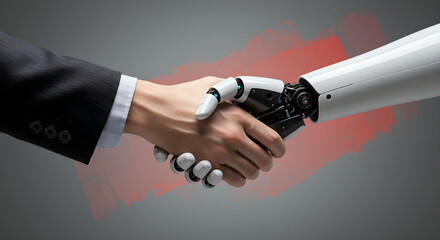 Mans hand in suit shaking robotic hand. Human and ai partnership symbol. Technology collaboration and future business innovation concept.