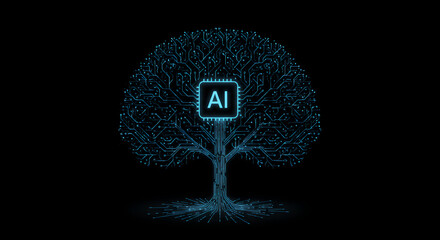 Digital tree formed by glowing circuit lines with ai symbol at center. Artificial intelligence growth and neural network evolution concept. Futuristic technology and digital innovation visualization