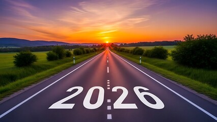 Sunset road leading to horizon with 2026 painted on asphalt surrounded by green fields