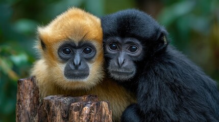 Fototapeta premium Close-Up Portrait of Two Cute Monkeys Sitting Together in Natural Jungle Environment