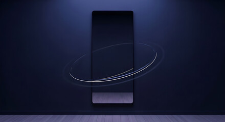 Black vertical digital screen with swirling white light trails in blue-lit dark room. Futuristic technology concept for virtual reality interfaces and augmented displays. Abstract modern design for