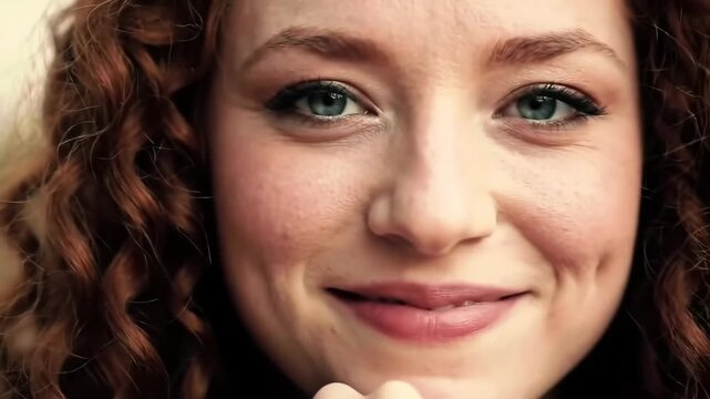 Woman smiling, looking at camera, dimple, hand on face