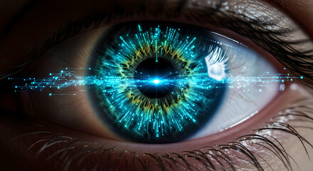 Futuristic human eye with glowing digital iris. Cybernetic vision and neural data streams. Sci-fi technology concept for artificial intelligence and virtual reality innovation