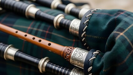 Close up of traditional scottish bagpipes with intricate metalwork and tartan fabric