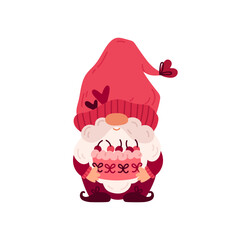 Cute gnome with pink hat and white beard. Valentine's Day. Romantic holiday. February 14. Love, heart and cake. Cartoon character. Vector illustration.