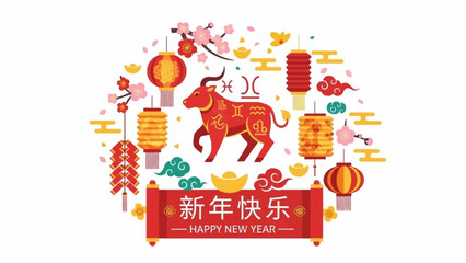 Chinese New Year Illustration with Ox and Lanterns in Festive Colors